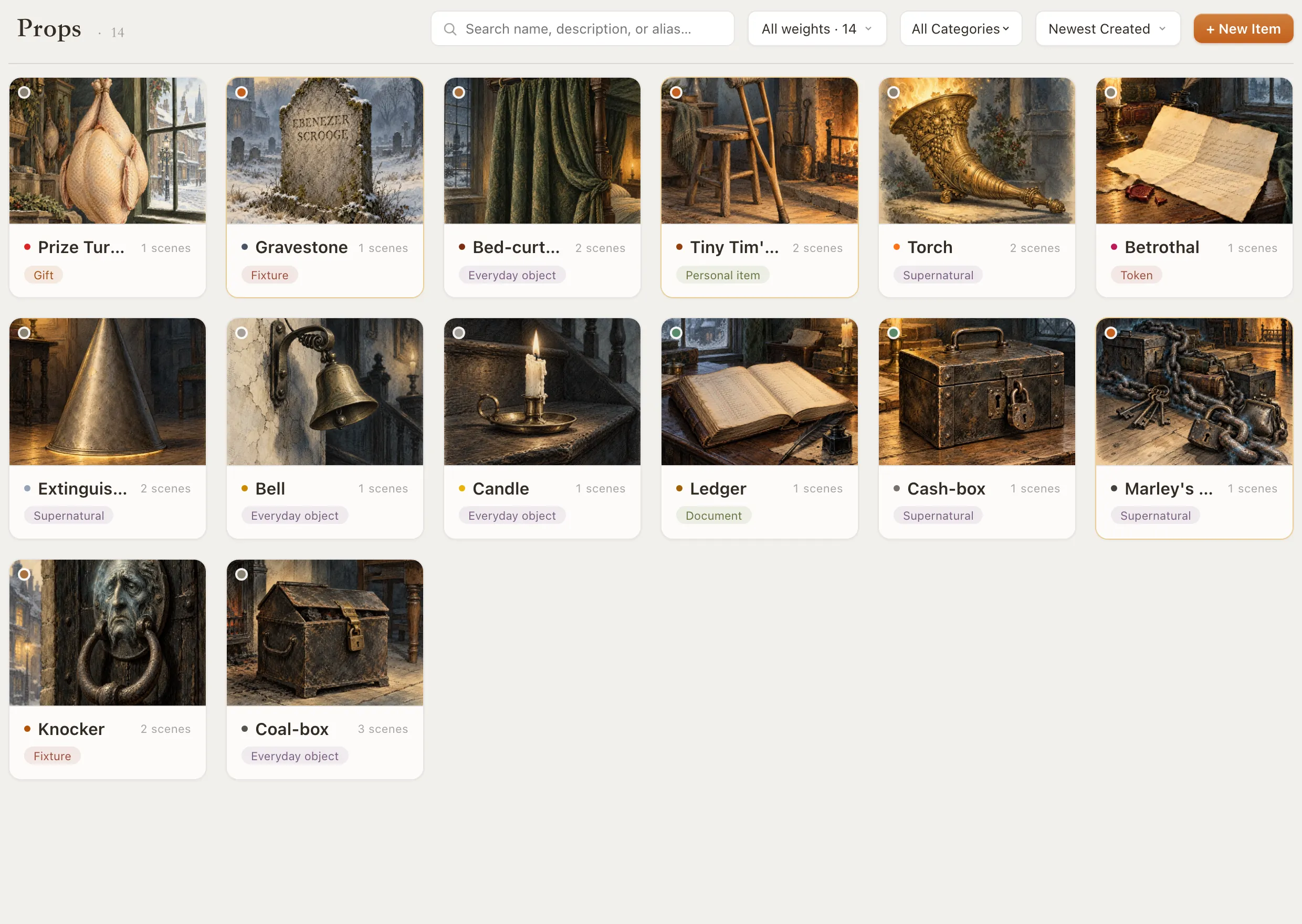 Props: the knocker, the coal-box, Marley's chain and other prop cards