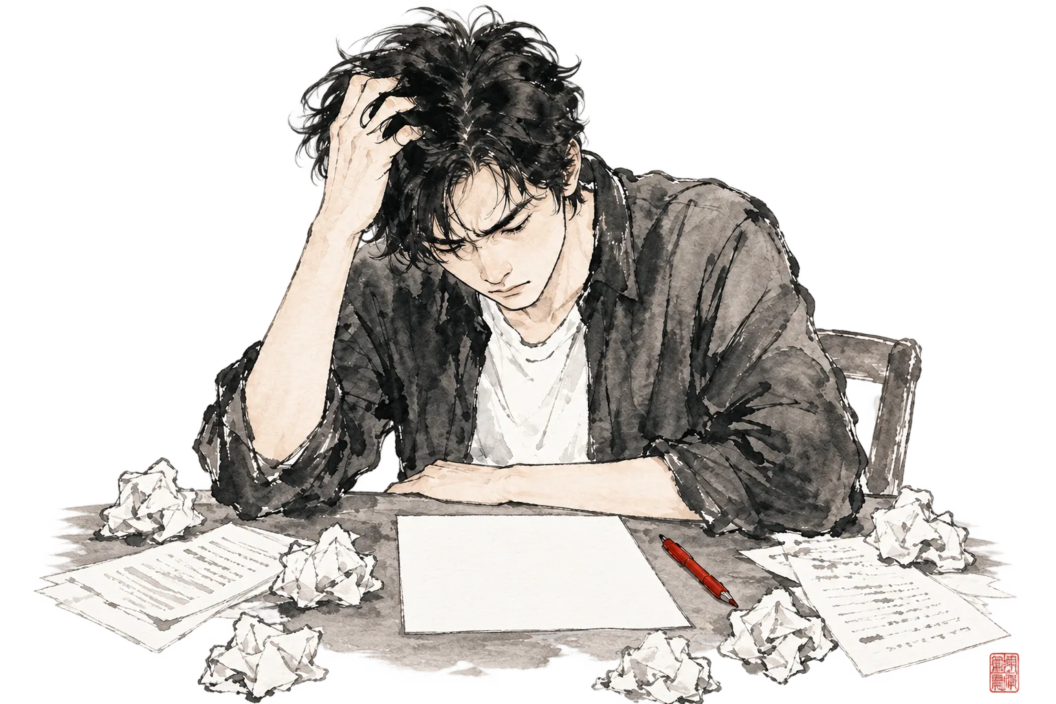 水墨画風のイラスト：原稿用紙や丸めた紙くず、朱色のペンが散らかった机で、頭を抱えて座り込む脚本家