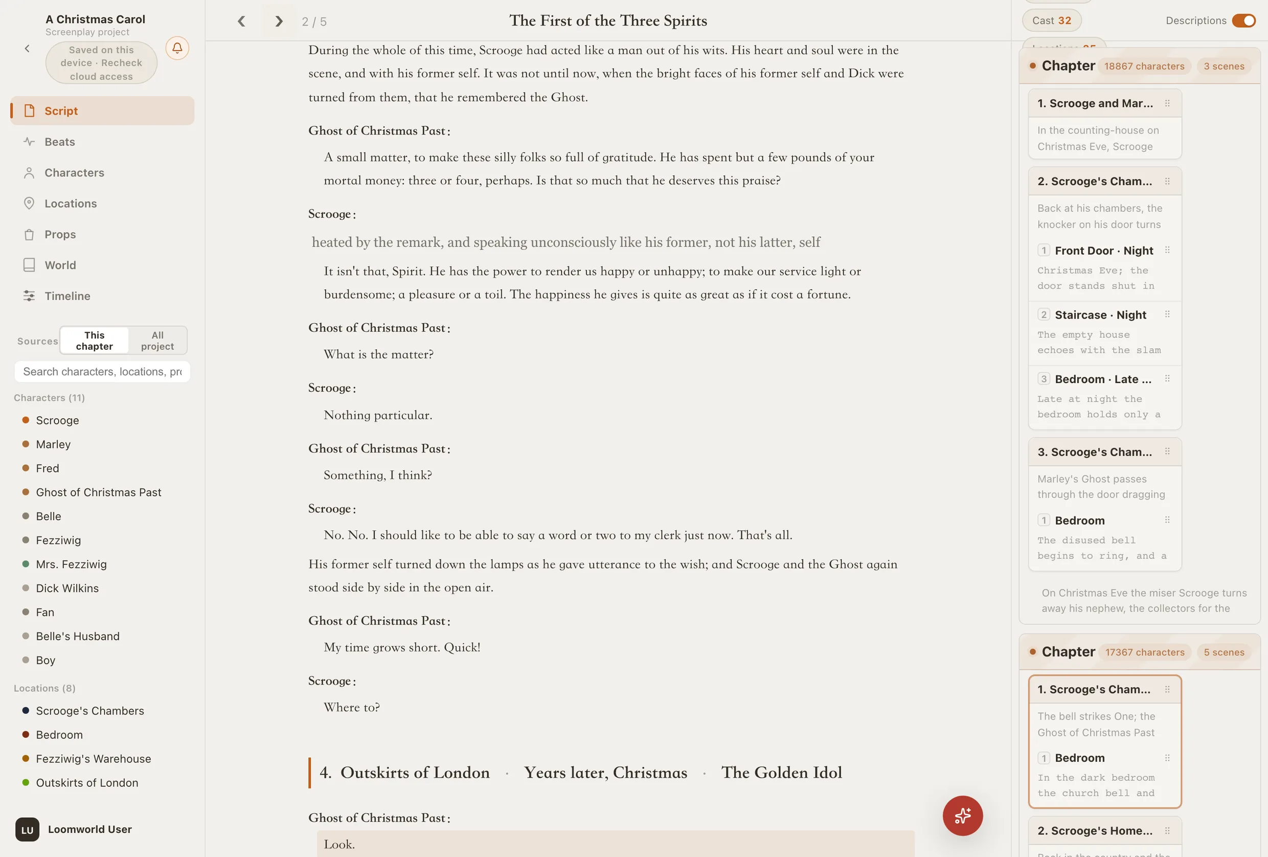 Loomworld script editor: A Christmas Carol in screenplay form, with character lines, a dialogue action, dialogue and the scene heading “Outskirts of London · Years later, Christmas”